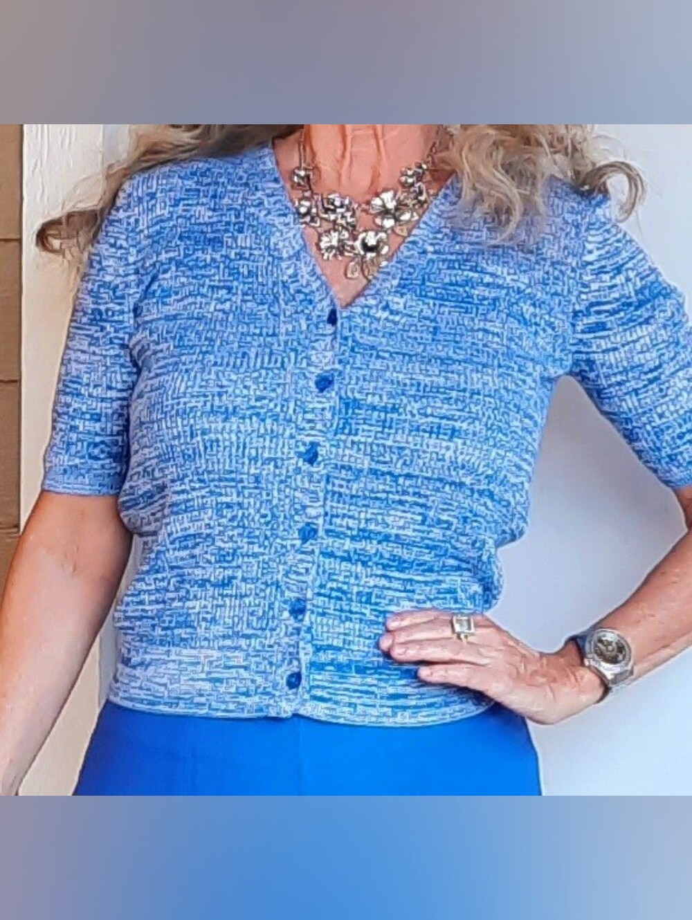 LOFT Blue Marled V-Neck Short Sleeve Button Cardigan Size Small